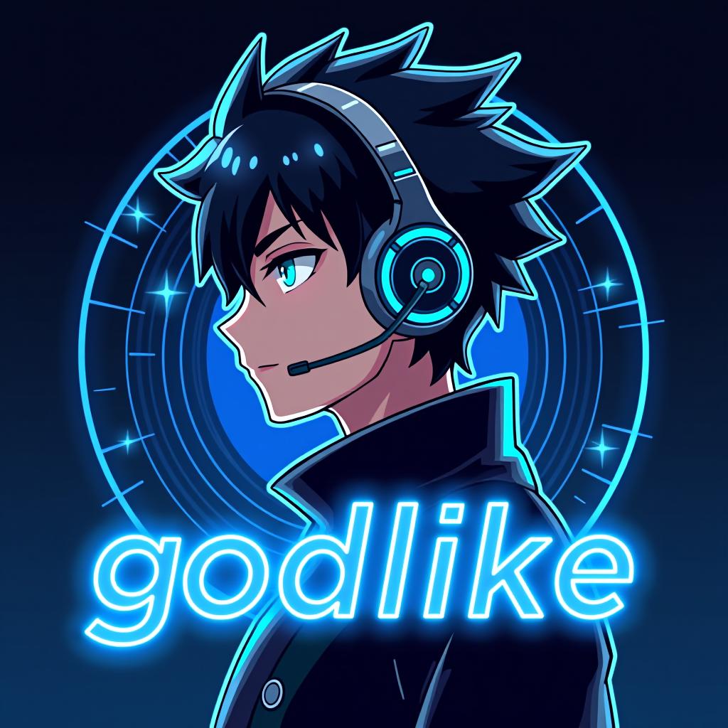  good quality, high quality, anime style profile picture design of a handsome boy with sharp, angular features, dark spiky hair, and glowing blue eyes, wearing a futuristic headset and sleek black outfit. the word "godlike" is in bold, stylized font with neon blue accents, in front of a digital design backdrop.