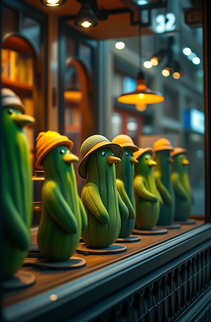  the storefront of a business that sells small hats for pickles. the front window has a display of green pickles lined up wearing a variety of different small hats and helmets. hyperrealistic, full body, detailed clothing, highly detailed, cinematic lighting, stunningly beautiful, intricate, sharp focus, f/1. 8, 85mm, (centered image composition), (professionally color graded), ((bright soft diffused light)), volumetric fog, trending on instagram, trending on tumblr, HDR 4K, 8K