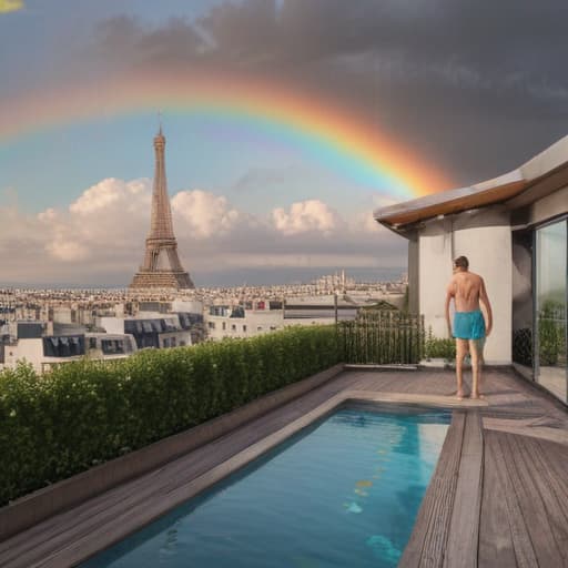 Draw a man who’s going to swim. The scene takes place in a swiming pool of a roof top appartement in Paris. We can see the eiffel tower and a rainbow in the Sky.