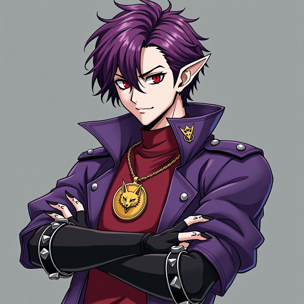  manga style ringo wears short tight black gloves with metal claws on his fingers and is depicted in full height a young mature dark male elf with marble white skin, purple scarlet hair, ringo wears a disheveled hairstyle of medium length, pointed ear tips, lavender red eyes, is dressed in a burgundy shirt in addition, ringo wears a purple short jacket with a tight waist, made of snake with a medium sized silver skin, and a lightweight in red skin. ringo wears a gold chain with a medium sized gold medallion around his neck. the medallion depicts an angry smirking fox face, ringo has a relative, a younger brother, a young dark elf amroth, . vibrant, high energy, detailed, iconic, japanese comic style