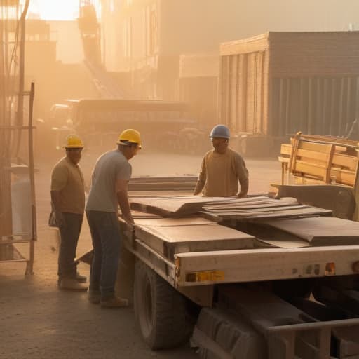 A photo of a group of workers unloading a truck full of roofing materials in a bustling construction yard in the early morning light with soft, golden hues illuminating their hard work.