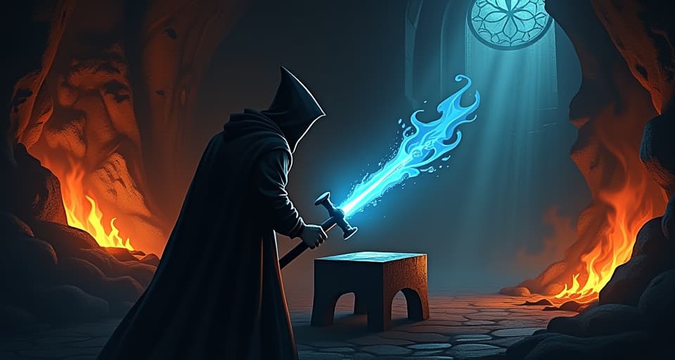  a mystical forge with dark flames, where a shadowy blacksmith hammers a glowing, ethereal weapon; the atmosphere is charged with the idea of the darkness as a powerful tool.. the style is digital art illustration,highly detailed, whimsical,magical, dreamlike atmosphere, realism and fantasy blend, smooth, glossy textures,luminous quality, wonder and enchantment.