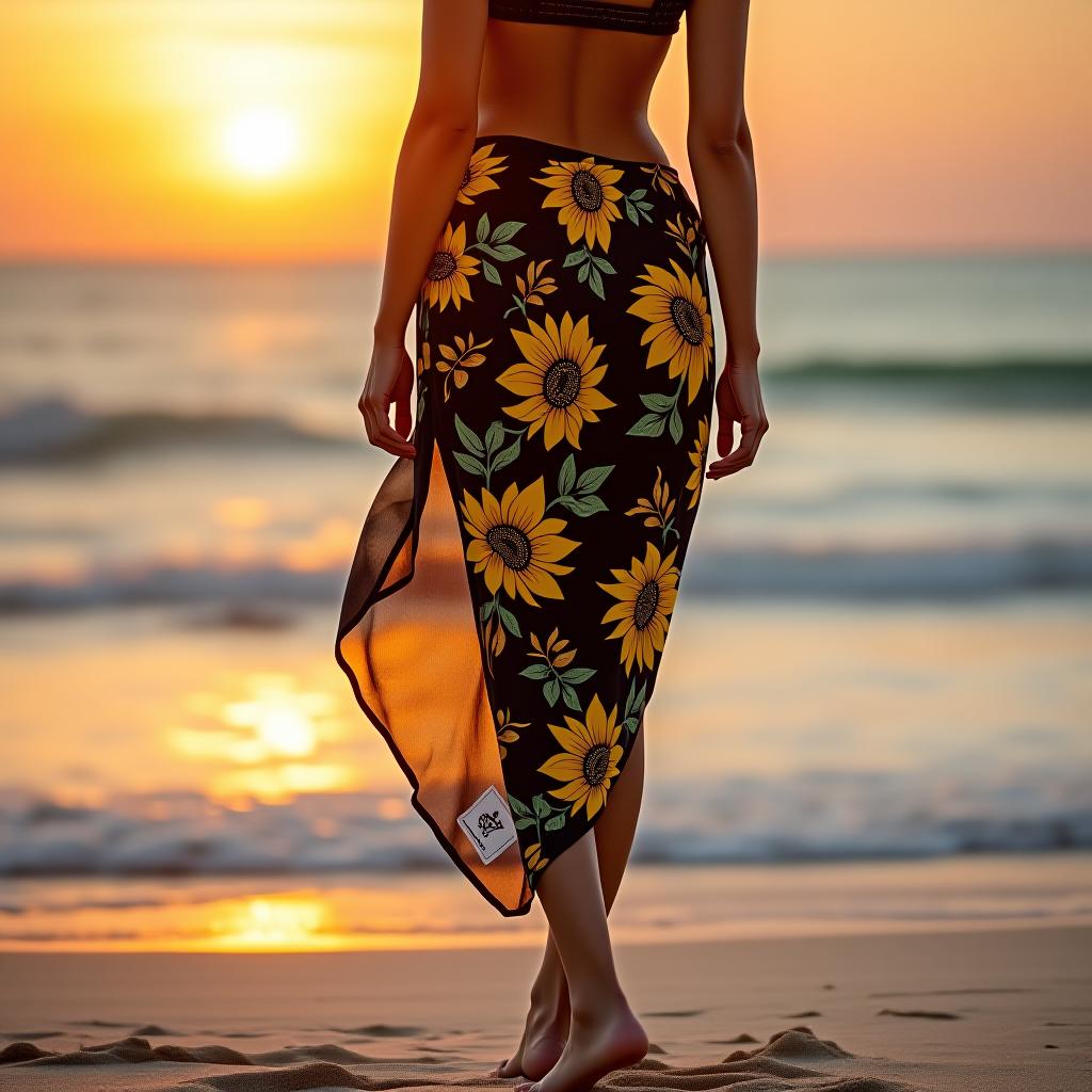  create a high resolution image of a full body woman standing gracefully on a beach during sunset, wearing a knee length, slim fit, lightweight polyester sarong with a black and sunflower yellow floral design, a smooth texture, and a patch logo, featuring a wrap closure and adjustable waist, to emphasize its cultural usage.