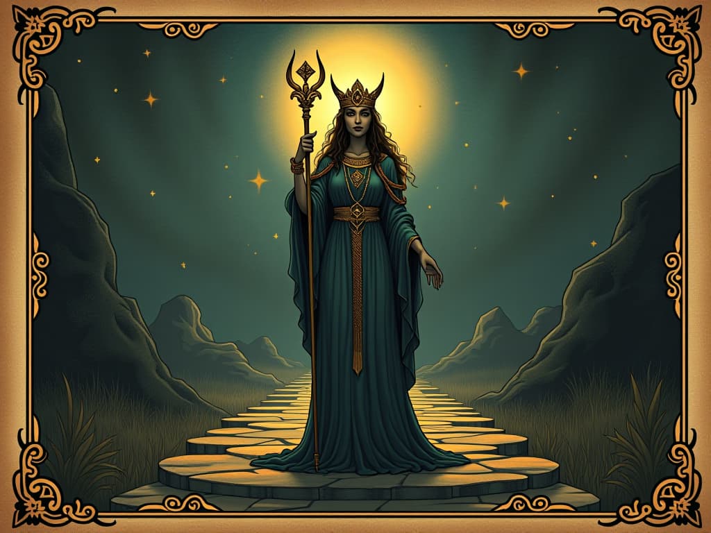  isis illuminated by a bright light, holding a scepter, standing on a mystical pathway, enlightenment, divine guidance, stars in the backdrop. an illustration in the style of a worn, mystical old tarot trump card, mysterious and elements of surrealism. the colors are muted, somber and eerie, but with contrast bring out an occult and esoteric vibe.