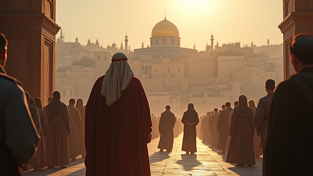  a detailed illustration of the intersection of history, religion, and culture with a backdrop of ancient jerusalem. hyperrealistic, full body, detailed clothing, highly detailed, cinematic lighting, stunningly beautiful, intricate, sharp focus, f/1. 8, 85mm, (centered image composition), (professionally color graded), ((bright soft diffused light)), volumetric fog, trending on instagram, trending on tumblr, HDR 4K, 8K