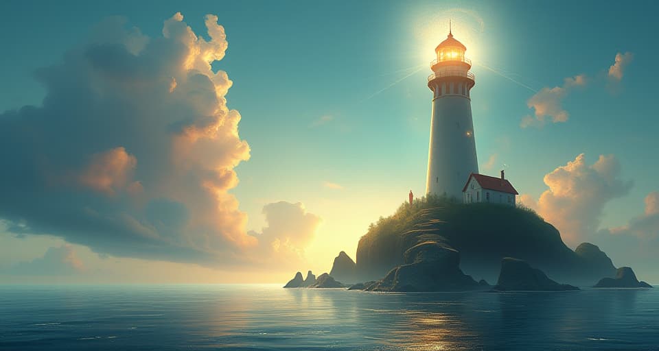  a shimmering, ethereal lighthouse standing tall on a floating island, casting a bright light across a tranquil, magical sea. this serves as a beacon to others who have been similarly underestimated.. the style is digital art illustration,highly detailed, whimsical,magical, dreamlike atmosphere, realism and fantasy blend, smooth, glossy textures,luminous quality, wonder and enchantment.