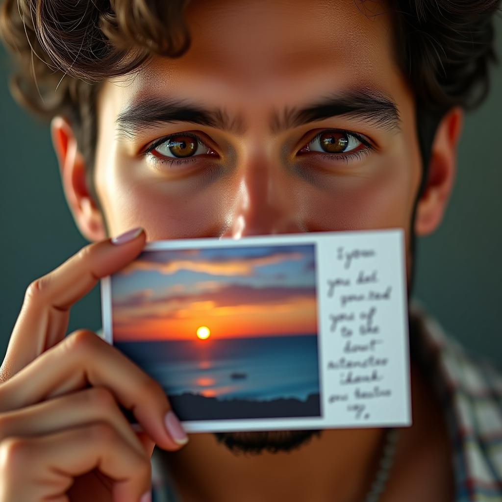  photographic, 8k, masterpiece, high quality, detailed, clear facial features, clear visible teeth, detailed eyes, max holds a vibrant postcard showing a picture of a beautiful sunset over an exotic location. the back of the postcard is visible with handwritten words. max's face: max's face is a canvas of transformation. in the beginning, his features seemed plagued by a constant pallor, the result of long hours at an unfulfilling job. his eyes, a muted hazel with a hint of golden flecks, often appeared distant, as if always searching for something beyond his reach. his jawline, strong but usually tightened with stress, softened with the newfound joy of discovery. as he returns from his travels, his complexion glows with a healthy tan, hinti hyperrealistic, full body, detailed clothing, highly detailed, cinematic lighting, stunningly beautiful, intricate, sharp focus, f/1. 8, 85mm, (centered image composition), (professionally color graded), ((bright soft diffused light)), volumetric fog, trending on instagram, trending on tumblr, HDR 4K, 8K