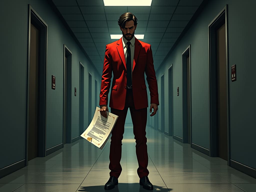  colleague in red formal wear, torn resume in hand, disheveled look, standing in empty office corridor, mood of lasting impact on credibility. the style is digital art illustration / modern comic book / graphic dark novel fantasy and mysterious occult, symbolic, moody lighting, esoteric vibe,high detail on character design. for the color scheme emphasize blacks and reds.