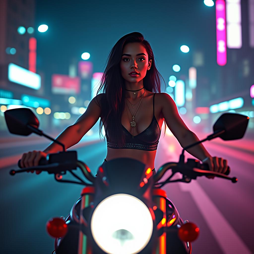  a captivating cyberpunk scene capturing a beautiful woman with radiant cybernetic enhancements. her body glistens under diffused neon lights mimicking a starry night. on a high tech motorcycle in a high speed chase through a neon lit cityscape. shot with a canon eos r5 and a 14mm f/2.8l lens. small text 'astravision' at bottom right corner. hyperrealistic, full body, detailed clothing, highly detailed, cinematic lighting, stunningly beautiful, intricate, sharp focus, f/1. 8, 85mm, (centered image composition), (professionally color graded), ((bright soft diffused light)), volumetric fog, trending on instagram, trending on tumblr, HDR 4K, 8K