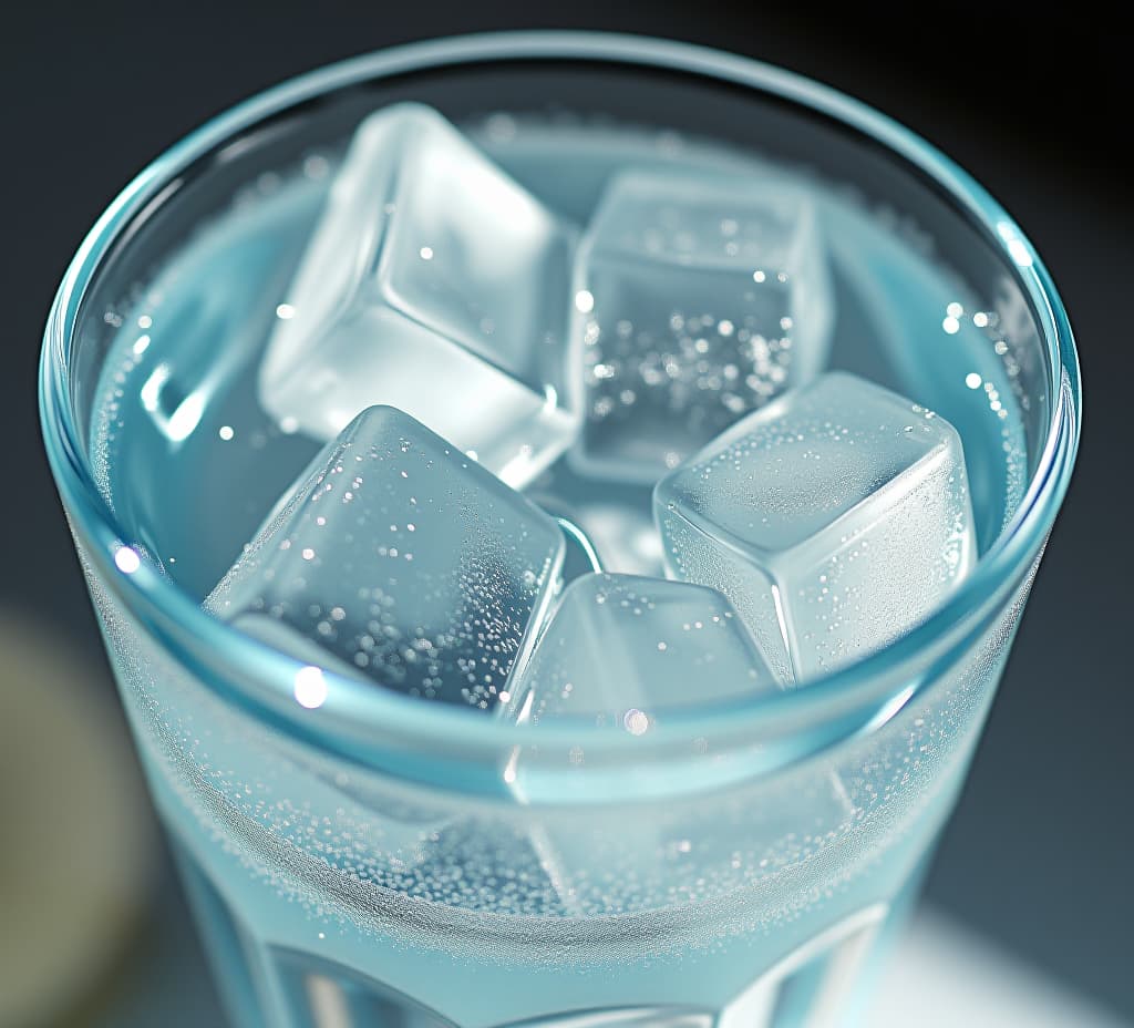  sparkling ice cubes float in a refreshing glass of cool water, glistening with condensation on a hot summer day, exuding serenity and revitalization.