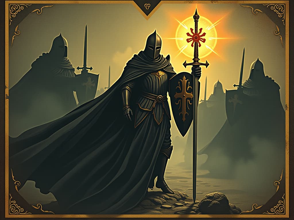  a knight holding a radiant shield, slicing through shadowy figures with a sword of light, protection, clarity, cutting through darkness. an illustration in the style of a worn, mystical old tarot trump card, mysterious and elements of surrealism. the colors are muted, somber and eerie, but with contrast bring out an occult and esoteric vibe.