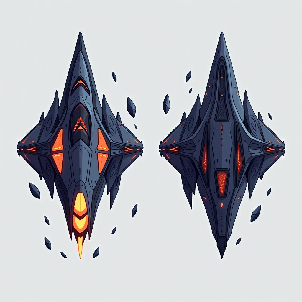  white background. left side: a simple vector graphic showing a hyper realistic spaceship's front view, designed with elements inspired by a mysterious alien planet. the spaceship features bioluminescent accents, glowing edges, and fragmented sections that float around the main body, mirroring the planet's style. right side: back view of the same spaceship, maintaining high detail and consistency, with the same glowing areas, floating fragments, and unique, otherworldly design. both views should depict the same object, with the split elements enhancing the spaceship's dynamic and fantastical appearance. cartoon and disney style.