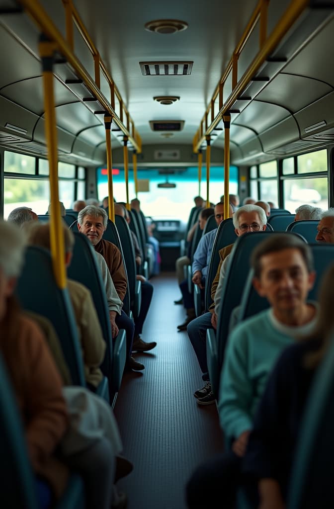  spacious bus seating arrangement for elderly people, realistic, portrait, art by donato giancola and greg rutkowski, realistic face, digital art, trending on artstation hyperrealistic, full body, detailed clothing, highly detailed, cinematic lighting, stunningly beautiful, intricate, sharp focus, f/1. 8, 85mm, (centered image composition), (professionally color graded), ((bright soft diffused light)), volumetric fog, trending on instagram, trending on tumblr, HDR 4K, 8K