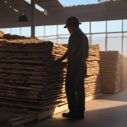 A photo of a worker inspecting a stack of shingles in a bustling warehouse during the early morning with soft, diffused natural lighting streaming in through large windows, casting beautiful shadows across the textured roofing materials.