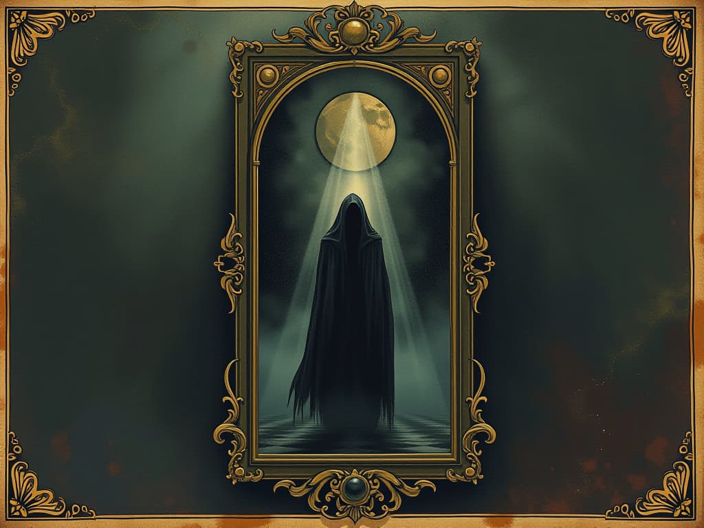  mirror reflecting a spectral figure, colors murky and dark, oppressive energy, sense of self doubt. an illustration in the style of a worn, mystical old tarot trump card, mysterious and elements of surrealism. the colors are muted, somber and eerie, but with contrast bring out an occult and esoteric vibe.