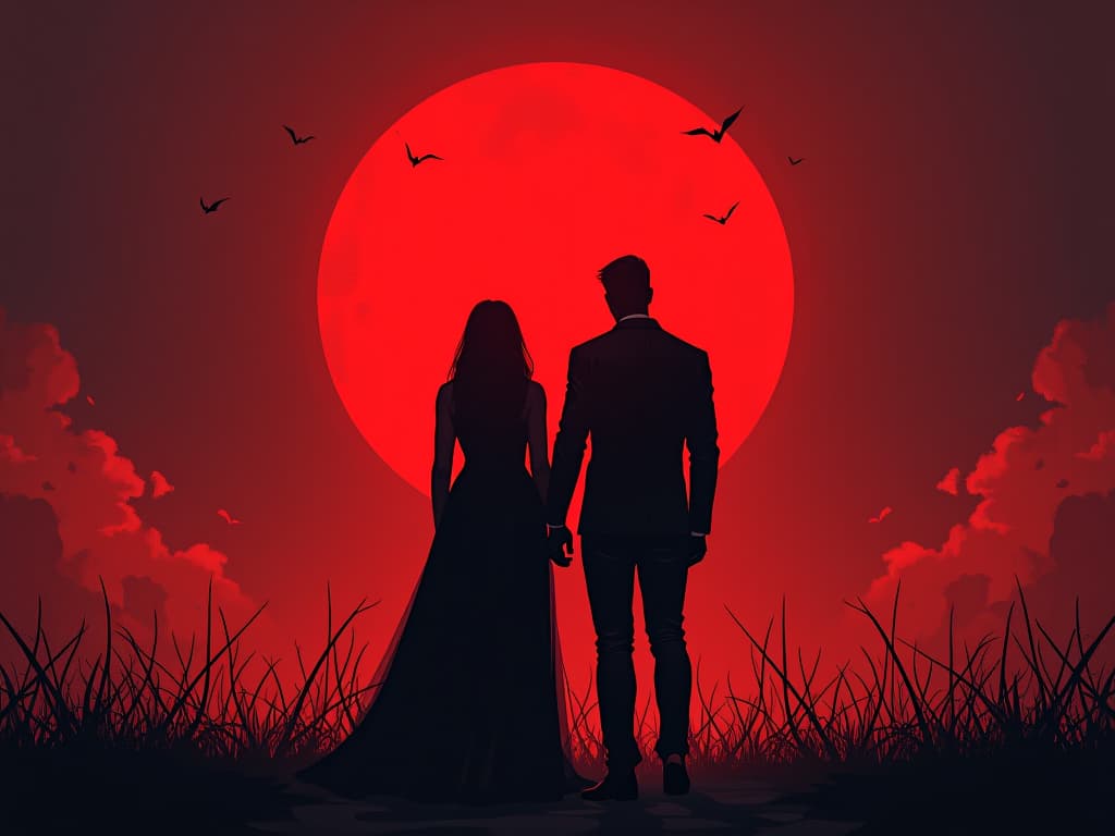  two figures standing in a red twilight, backs turned to each other, atmosphere of fading trust. the style is digital art illustration / modern comic book / graphic dark novel fantasy and mysterious occult, symbolic, moody lighting, esoteric vibe,high detail on character design. for the color scheme emphasize blacks and reds.