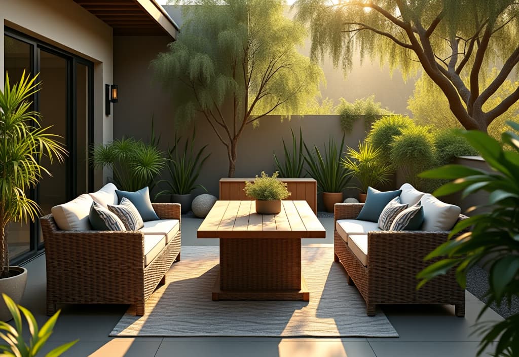  a landscape photo of a sun drenched patio with durable wicker furniture, plush weather resistant cushions, and a sturdy teak dining table, surrounded by lush greenery and potted plants hyperrealistic, full body, detailed clothing, highly detailed, cinematic lighting, stunningly beautiful, intricate, sharp focus, f/1. 8, 85mm, (centered image composition), (professionally color graded), ((bright soft diffused light)), volumetric fog, trending on instagram, trending on tumblr, HDR 4K, 8K