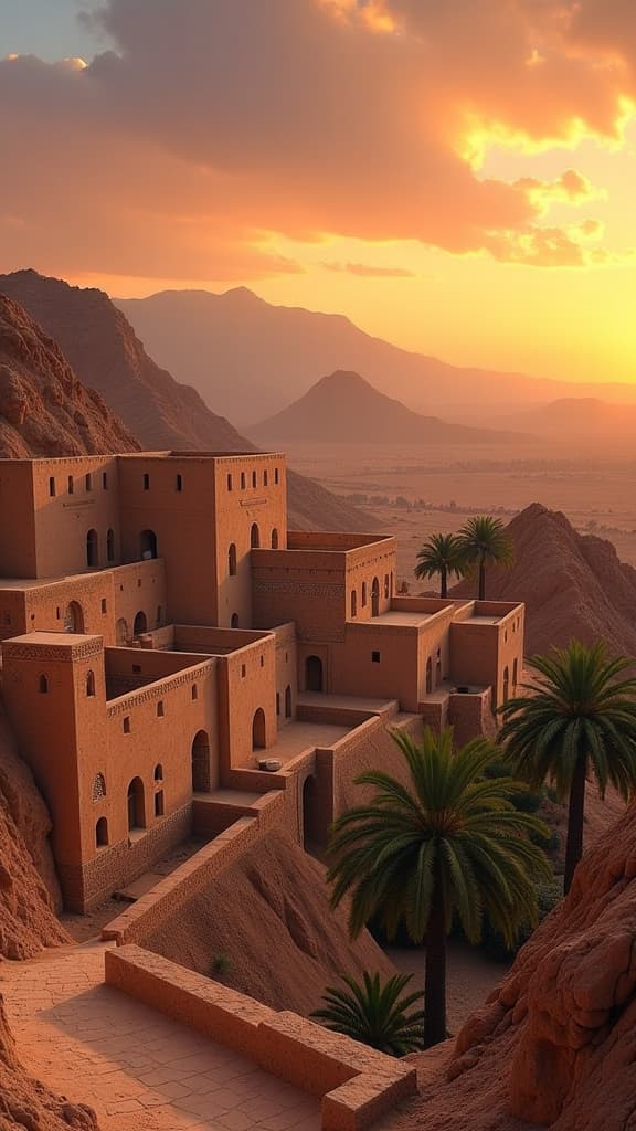  a stunning landscape of yemen, showcasing the historic architecture of sana'a, with its unique mud brick buildings adorned with intricate geometric patterns. the scene features a dramatic sunset casting golden light over the mountains in the background, while palm trees sway gently in the foreground, creating a serene and picturesque atmosphere.