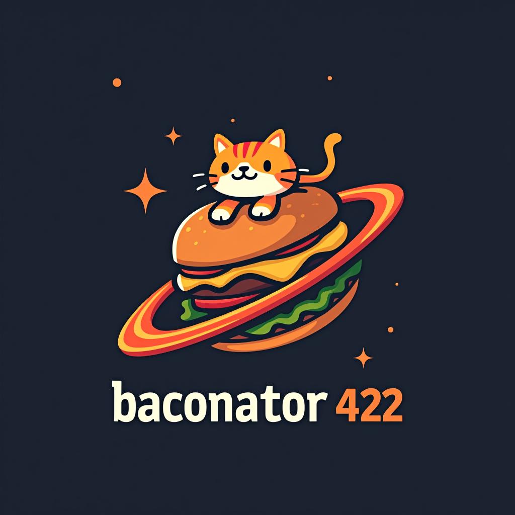  design a logo, a cat on top of a a burger flying through space , with the text 'baconator420'.