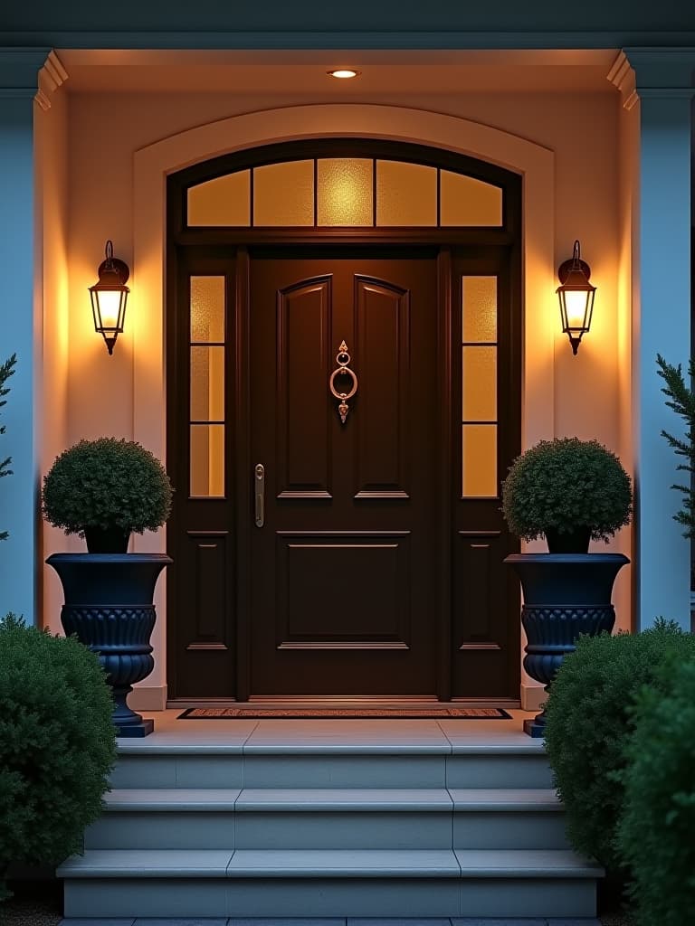  high quality portrait photo of an elegant front porch with a statement door, flanked by symmetrical planters and stylish outdoor lighting, creating a grand entrance hyperrealistic, full body, detailed clothing, highly detailed, cinematic lighting, stunningly beautiful, intricate, sharp focus, f/1. 8, 85mm, (centered image composition), (professionally color graded), ((bright soft diffused light)), volumetric fog, trending on instagram, trending on tumblr, HDR 4K, 8K