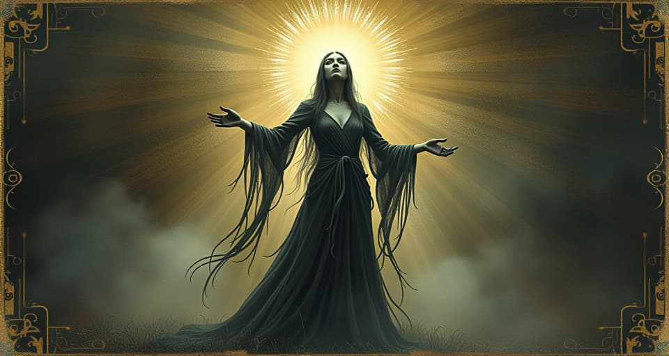  an ethereal figure fully revealed, divine and unstoppable, radiant aura, transcendence. an illustration in the style of a worn, mystical old tarot trump card, mysterious and elements of surrealism. the colors are muted, somber and eerie, but with contrast bring out an occult and esoteric vibe.