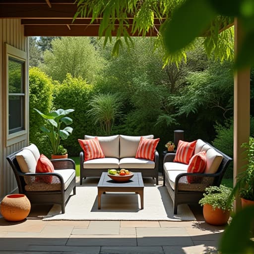  a cozy outdoor living space with comfortable outdoor furniture surrounded by lush greenery on a sunny day.