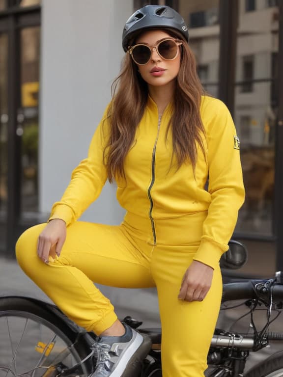 sexy athletic lady with brown long hair with bike helmet and detailed lipstick with sunglasses wearing a jogger outfit in yellow with many generic logos and brands on fitted 2 piece jump suite next to electric bicycle