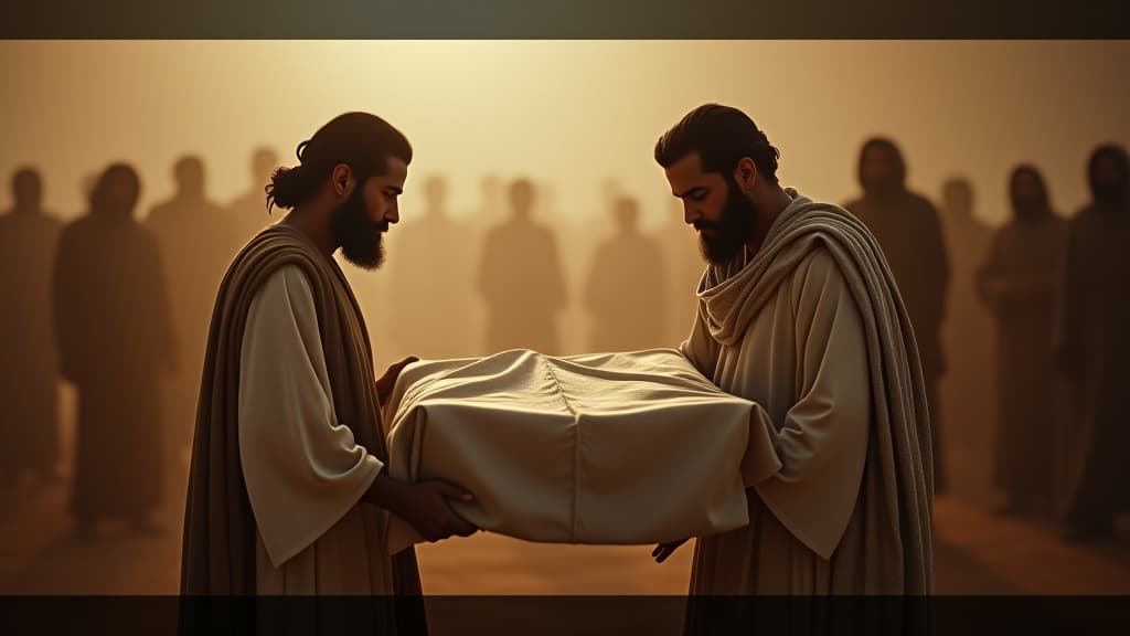  history of biblical times, a visual of misael and uziel, aaron's cousins, preparing to carry the bodies of nadab and abihu out of the camp, with somber expressions and respectful demeanor. hyperrealistic, full body, detailed clothing, highly detailed, cinematic lighting, stunningly beautiful, intricate, sharp focus, f/1. 8, 85mm, (centered image composition), (professionally color graded), ((bright soft diffused light)), volumetric fog, trending on instagram, trending on tumblr, HDR 4K, 8K