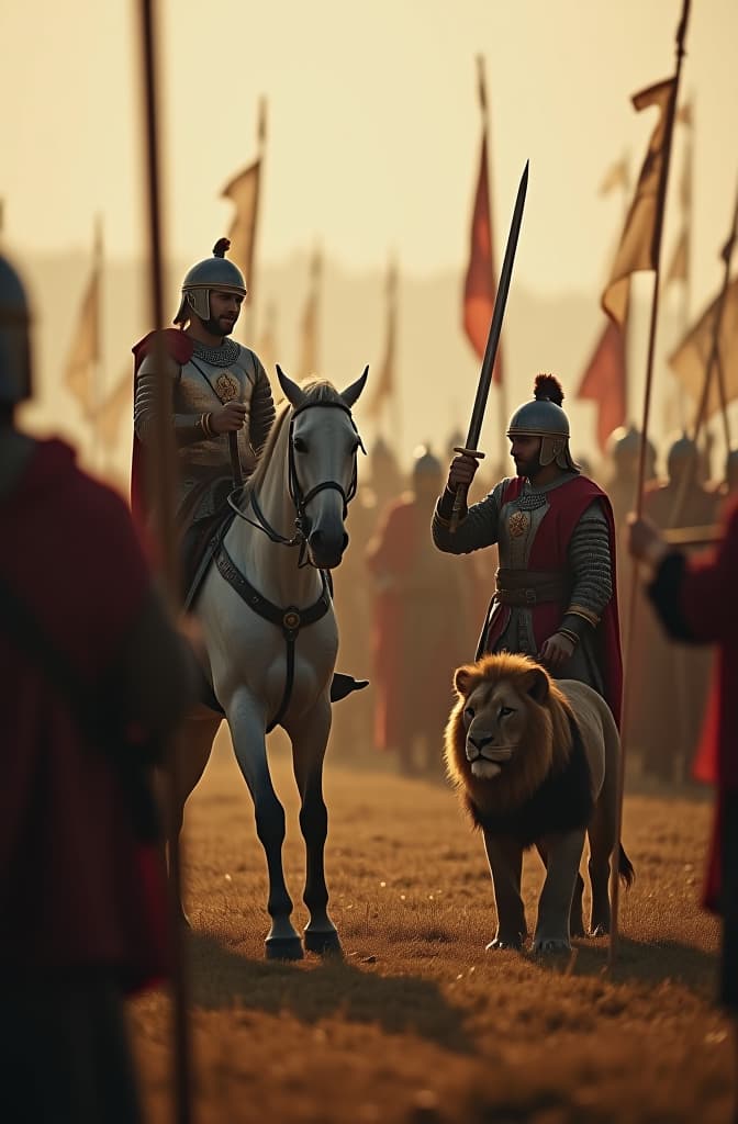  two groups of men in battle to fight, holding swords in their hands. one of them is riding his horse and holding a sword in his hand, and another is standing on the ground and speaking and calling for the army.one of the two armies has a predatory lion standing next to it hyperrealistic, full body, detailed clothing, highly detailed, cinematic lighting, stunningly beautiful, intricate, sharp focus, f/1. 8, 85mm, (centered image composition), (professionally color graded), ((bright soft diffused light)), volumetric fog, trending on instagram, trending on tumblr, HDR 4K, 8K