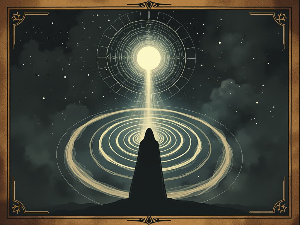  central vortex of energy, spirals outwards, multi dimensional layers, radiant, intense light, mysterious, otherworldly transition. an illustration in the style of a worn, mystical old tarot trump card, mysterious and elements of surrealism. the colors are muted, somber and eerie, but with contrast bring out an occult and esoteric vibe.