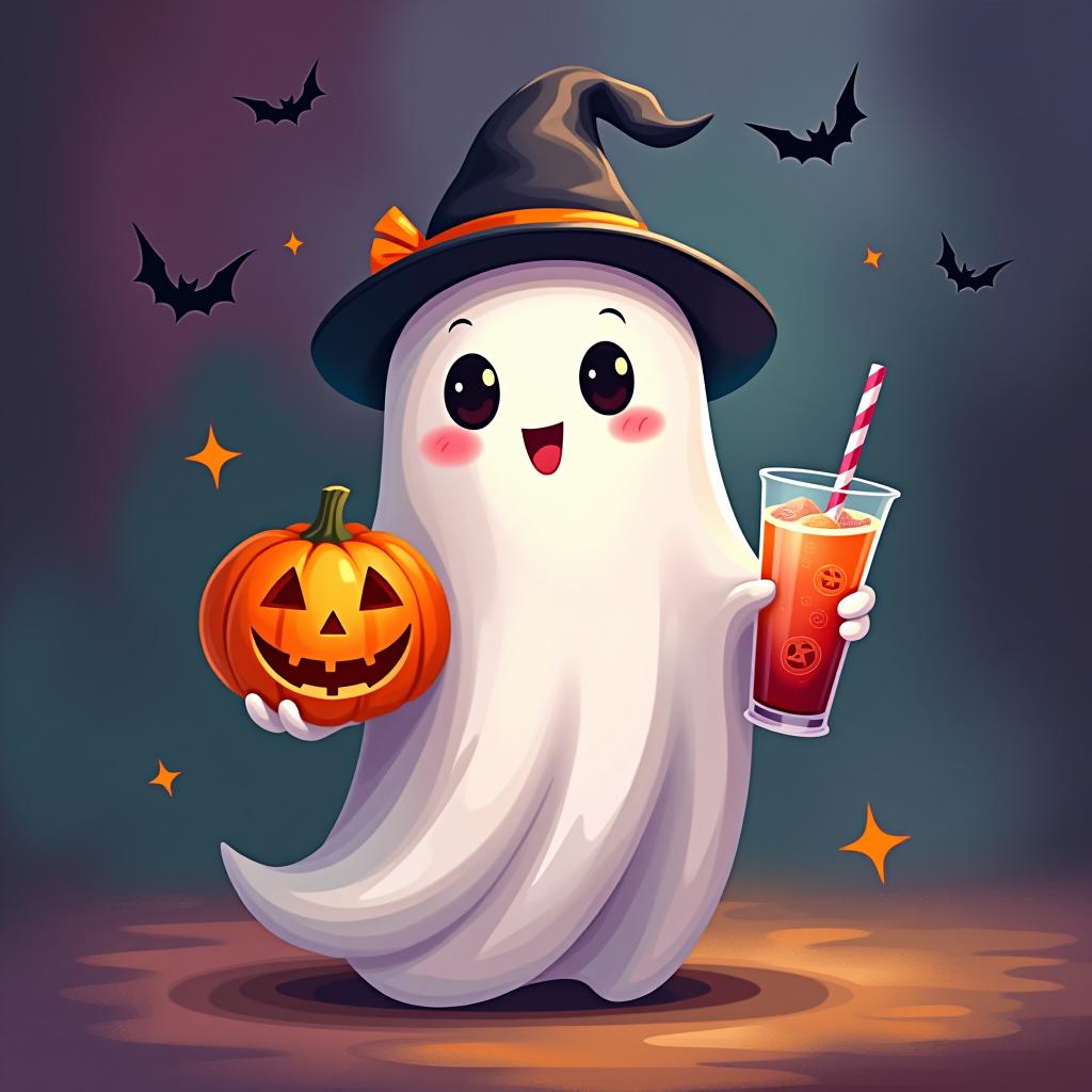  create a digital painting featuring a cute ghost character. the ghost should be wearing a hat. in one hand, the ghost should hold a pumpkin with a carved face, and in the other hand, a halloween themed drink. the background should be colorfull and include small black bats and stars to add a playful halloween touch. the overall style should be cute, whimsical, and colorful hyperrealistic, full body, detailed clothing, highly detailed, cinematic lighting, stunningly beautiful, intricate, sharp focus, f/1. 8, 85mm, (centered image composition), (professionally color graded), ((bright soft diffused light)), volumetric fog, trending on instagram, trending on tumblr, HDR 4K, 8K