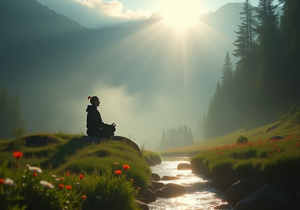  a serene figure meditating atop a misty mountain, eyes wide open, surrounded by ethereal light. soft rays of sunlight filter through dense trees, illuminating a path lined with vibrant wildflowers and gentle flowing water. hyperrealistic, full body, detailed clothing, highly detailed, cinematic lighting, stunningly beautiful, intricate, sharp focus, f/1. 8, 85mm, (centered image composition), (professionally color graded), ((bright soft diffused light)), volumetric fog, trending on instagram, trending on tumblr, HDR 4K, 8K