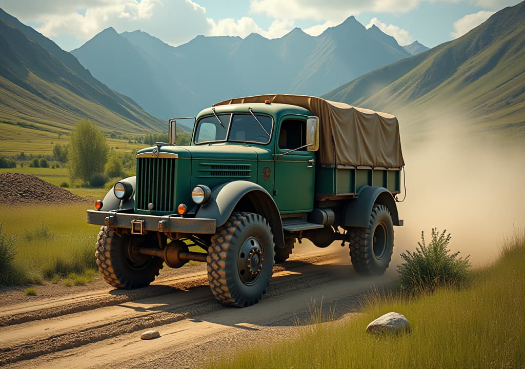  a green truck on a dirt road