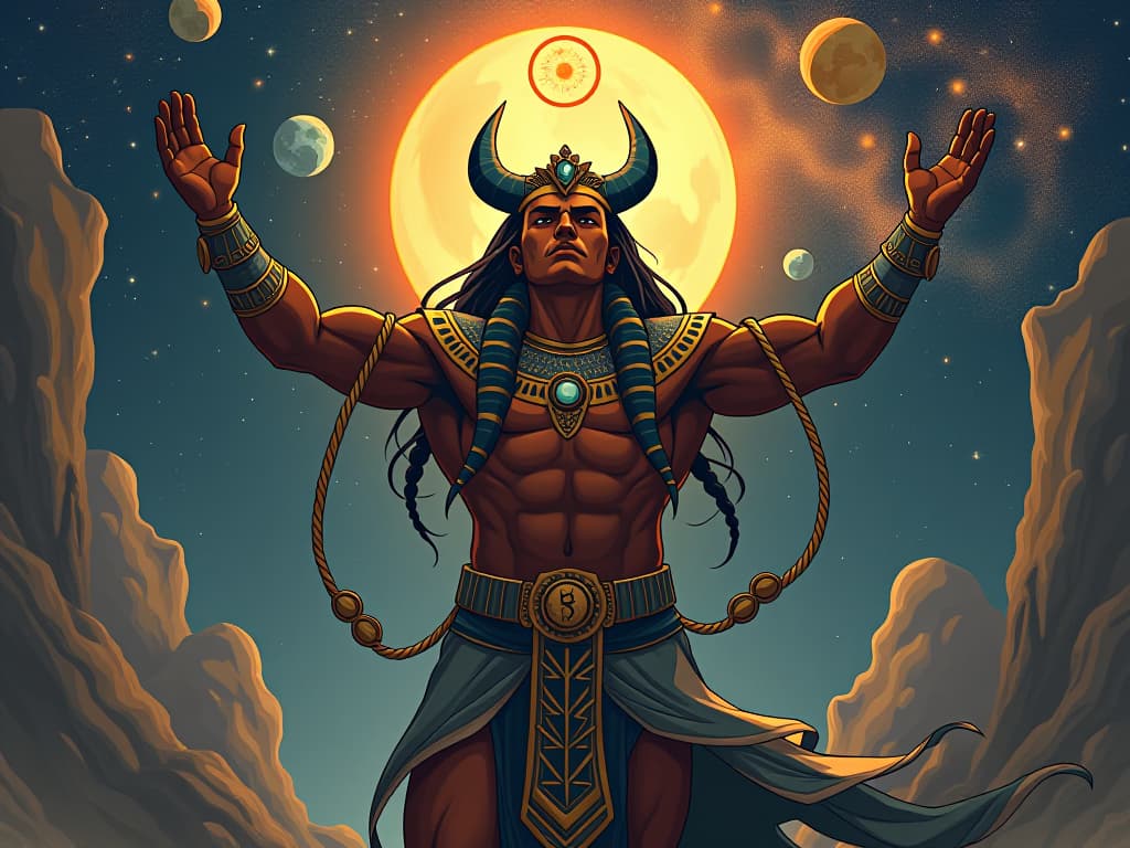  maui, exhibiting his strength, manipulating celestial bodies, scene depicting mastery over the natural and celestial realms. the style is digital art illustration / modern comic book / mysterious occult, symbolic, esoteric vibe,high detail on character design, incorporating ancient egyptian symbology and attire.