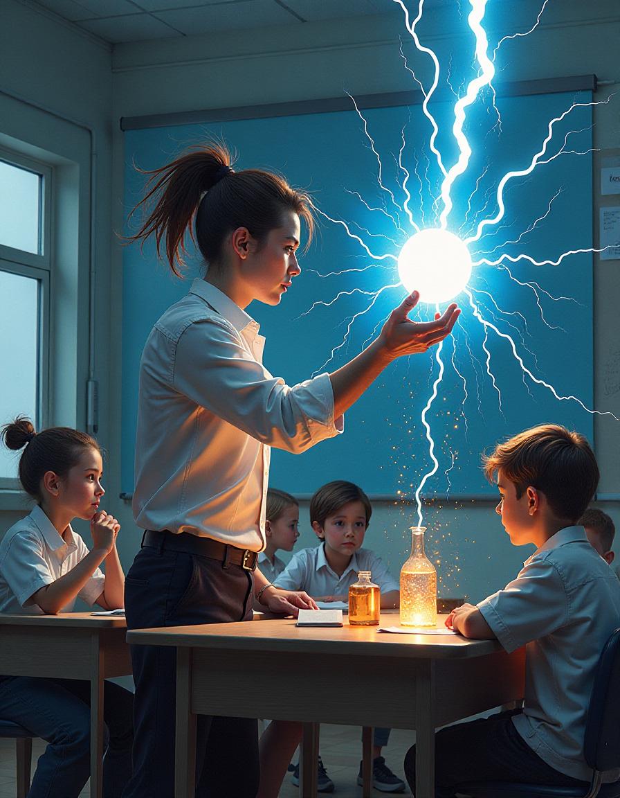  masterpiece. painting. oil painting. comic book style. (modern , modern clroom, teacher conducting physics experiments gl ball with lightning, hairstyle all hair sticking out in different directions after electric shock, ren sitting at desks:1.5). high detail, high quality. high resolution.