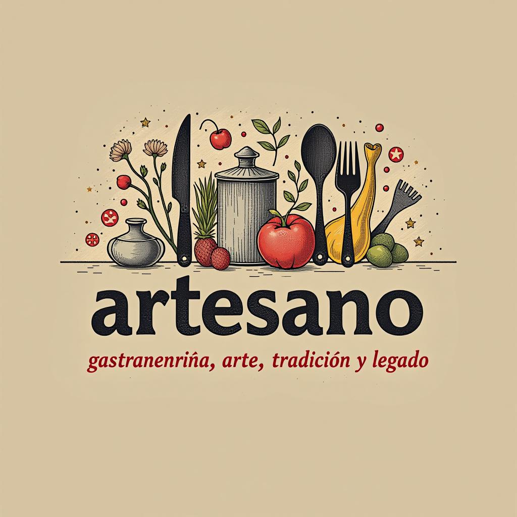  design a logo, in a pencil style. nombré de la marca “artesano” fondo con tonos claros, diseño elegante y simple con elementos de gastronomía y repostería , with the text 'gastronomía, arte, tradición y legado'.