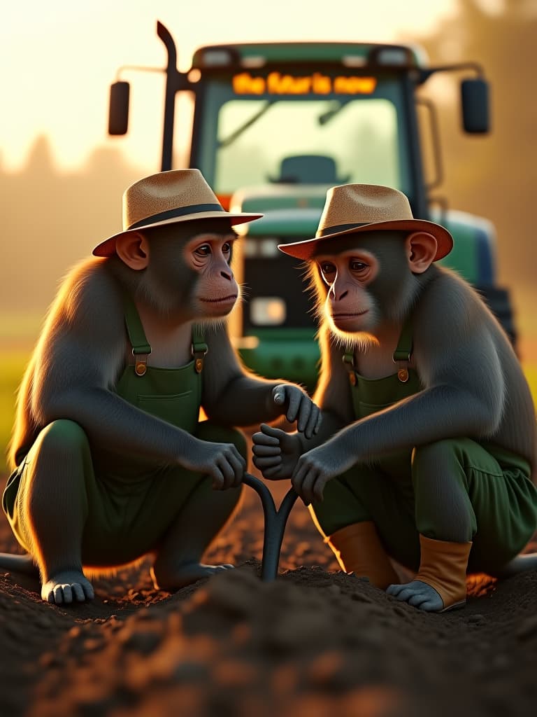  a hyper realistic portrait of two monkeys wearing farmer's hats, boots and green overalls, both staring intently at the plow in front of them. their expressions are focused as they try to make sense of the problem. in the background, a tractor displays the text "the future is now" in bold letters. the scene takes place in a brightly lit farmhouse, with the glow of the sun illuminating the monkeys and their work. hyperrealistic, full body, detailed clothing, highly detailed, cinematic lighting, stunningly beautiful, intricate, sharp focus, f/1. 8, 85mm, (centered image composition), (professionally color graded), ((bright soft diffused light)), volumetric fog, trending on instagram, trending on tumblr, HDR 4K, 8K