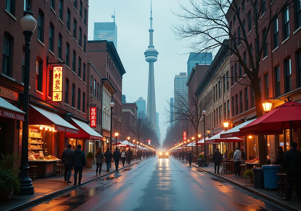  a captivating collage showcasing the essence of toronto, featuring iconic landmarks like the cn tower and royal ontario museum alongside hidden gems such as the arthur conan doyle room and monkey’s paw bookstore, with vibrant scenes from diverse neighborhoods like chinatown and kensington market, capturing the city's rich cultural tapestry and inviting exploration. hyperrealistic, full body, detailed clothing, highly detailed, cinematic lighting, stunningly beautiful, intricate, sharp focus, f/1. 8, 85mm, (centered image composition), (professionally color graded), ((bright soft diffused light)), volumetric fog, trending on instagram, trending on tumblr, HDR 4K, 8K