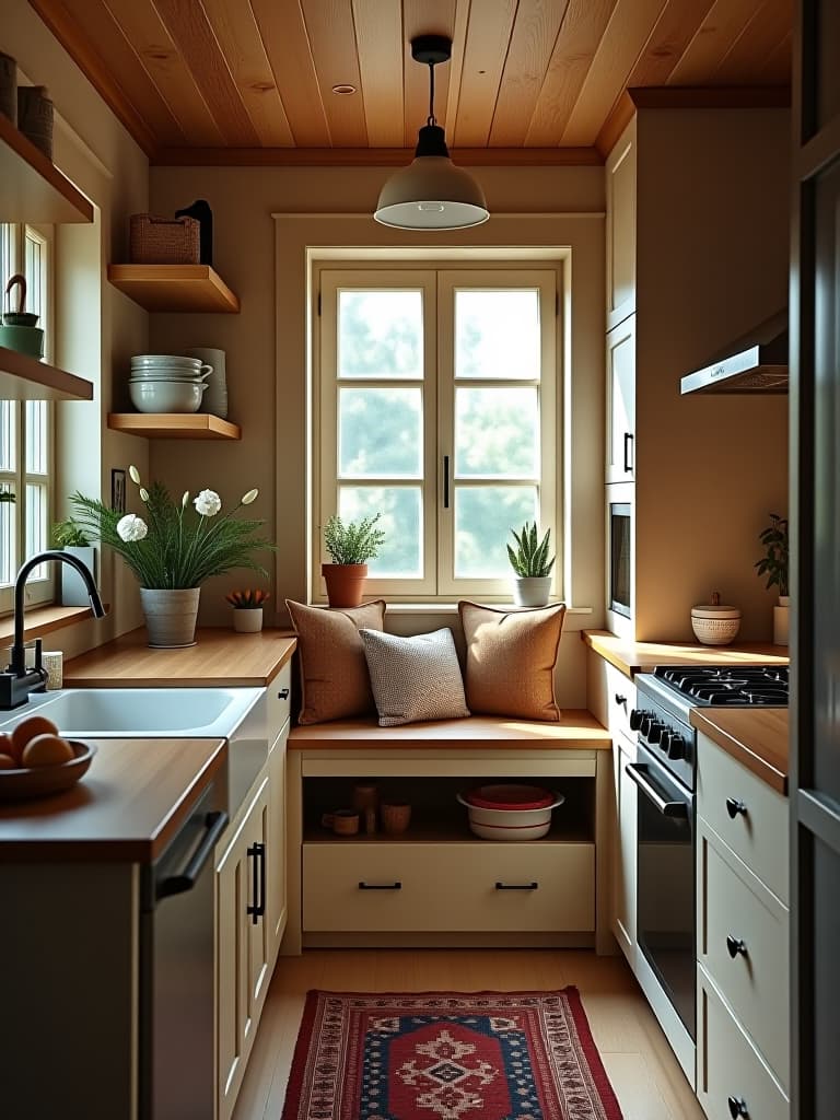  high quality portrait photo of a cozy small kitchen with a rustic touch, featuring a farmhouse sink, open wooden shelves, and a compact breakfast nook, shot from a wide angle perspective hyperrealistic, full body, detailed clothing, highly detailed, cinematic lighting, stunningly beautiful, intricate, sharp focus, f/1. 8, 85mm, (centered image composition), (professionally color graded), ((bright soft diffused light)), volumetric fog, trending on instagram, trending on tumblr, HDR 4K, 8K