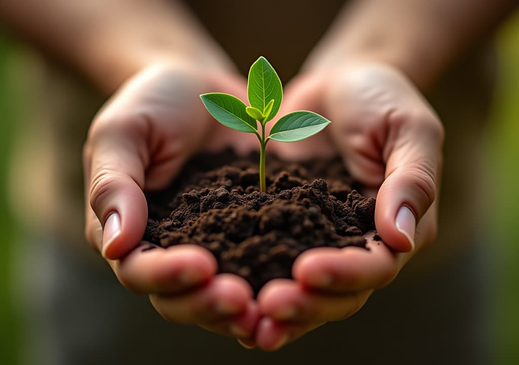  a close up shot of hands holding a small tree seedling, soil crumbling between fingers, symbolizing growth and sustainability, shot outdoors with soft natural light, captured with a nikon z7 ii, 50mm f/1.4 lens, warm tones