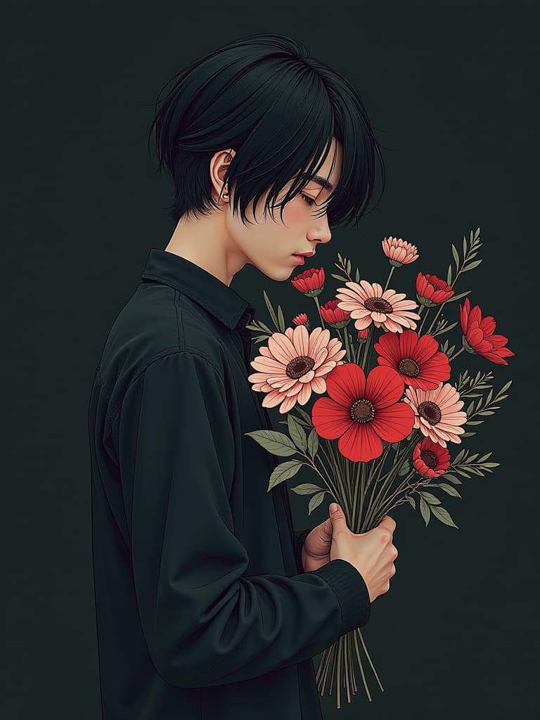  a drawing of a young man holding a bunch of flowers, cinematic lain fractal lain, instagram art, short hair cut, grieving, baki, necrosis, manga comic, analogic photograph, dead plants, black walls, guilty crown, at instagram, with a bob cut, botany, concept art of single boy hyperrealistic, full body, detailed clothing, highly detailed, cinematic lighting, stunningly beautiful, intricate, sharp focus, f/1. 8, 85mm, (centered image composition), (professionally color graded), ((bright soft diffused light)), volumetric fog, trending on instagram, trending on tumblr, HDR 4K, 8K