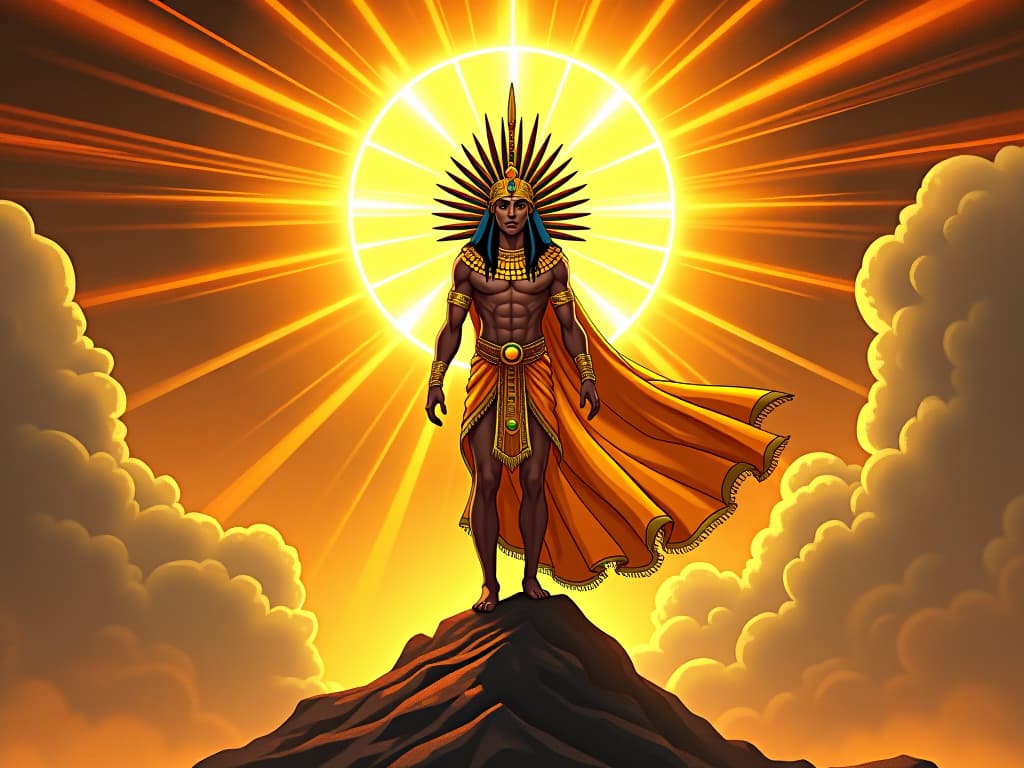  inti, the incan sun god, depicted as a majestic figure with a radiant headdress, adorned in golden robes, standing atop a mountain, sun beams radiating outward. the style is digital art illustration / modern comic book / mysterious occult, symbolic, esoteric vibe,high detail on character design, incorporating ancient egyptian symbology and attire.