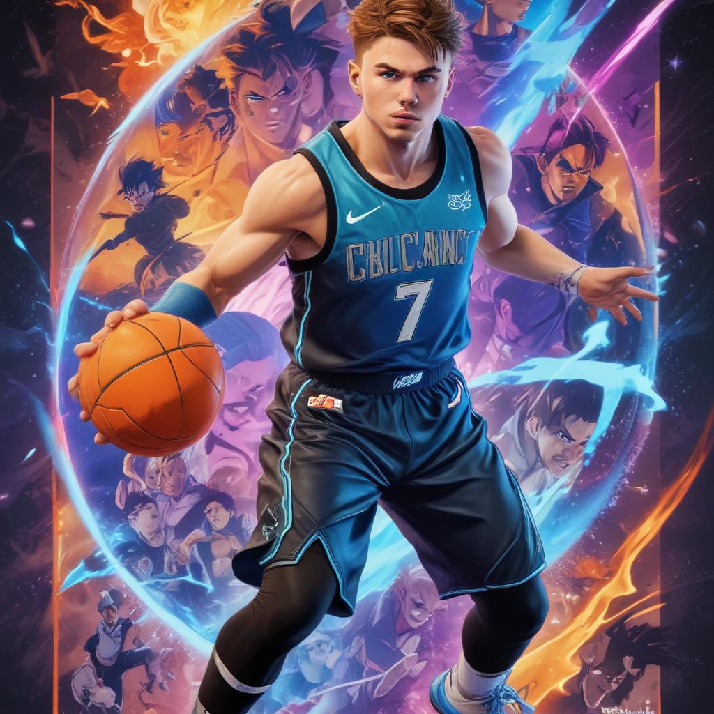 distance-shot, flashy, full-body, dynamic, holographic, animated cartoon poster of luka doncic in the style of dragon ball super