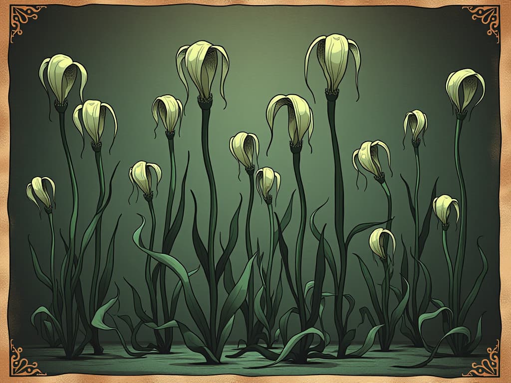  artificial plants with hollow stems, plastic leaves, shadows filling the gaps, mood of emptiness and superficiality. an illustration in the style of a worn, mystical old tarot trump card, mysterious and elements of surrealism. the colors are muted, somber and eerie, but with contrast bring out an occult and esoteric vibe.