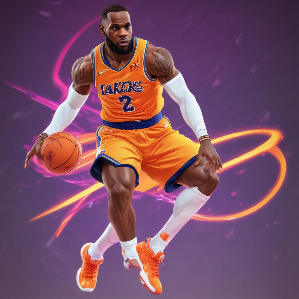 distance-shot, flashy, full-body, dynamic, holographic, animated cartoon poster of lebron james in the style of dragon ball super