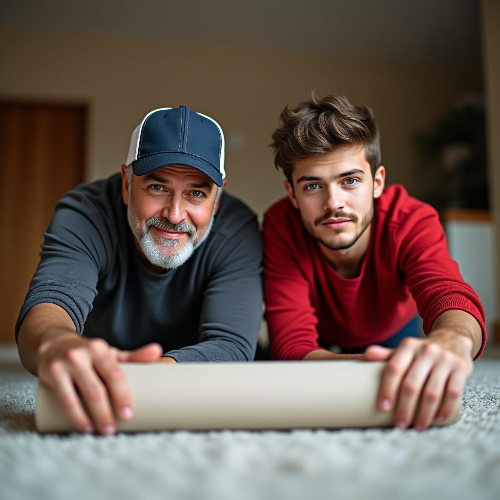  2 men a father and son unrolling carpet in a big house the father has a baseball cap on in his 50s with a beard with some grey in it and has blue eyes. the son has brown messy hair has some facial hair the age of 21 blue greenish eyes with a red shirt on, (logo), elegant, chic, stylish, sophisticated, high fashion, modern serif font, monochrome, simple, iconic