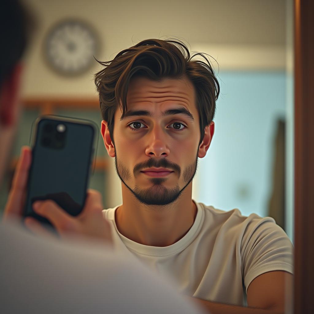  phone photo of a teacher in his 30s looking rested and longing to go back to work. selfie in mirror