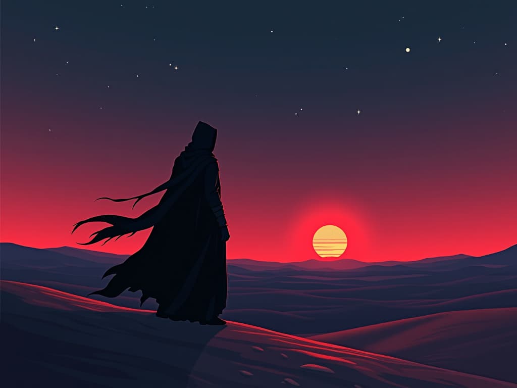  mysterious robed figure in desert at twilight, stars beginning to appear, sense of solitary peace. the style is digital art illustration / modern comic book / graphic dark novel fantasy and mysterious occult, symbolic, moody lighting, esoteric vibe,high detail on character design. for the color scheme emphasize blacks and reds.