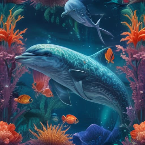 In the vast ocean depths, a majestic and ethereal creature emerges. Divine Beast: Serenade Dolphin glides gracefully through the shimmering waters, its iridescent scales reflecting the light like a rainbow. With a serene expression, it emits a soothing melody that resonates with the very essence of the sea. Surrounding it are schools of colorful fish and delicate coral reefs, creating a tranquil and enchanting underwater paradise. The intricate patterns on its fins and the intricate details of its tail create a mesmerizing display of beauty and power. The water sparkles with magic as this divine beast reigns supreme in its aquatic realm. fantastical creatures or characters inspired by mythology, folklore, or popular culture. use vibrant col