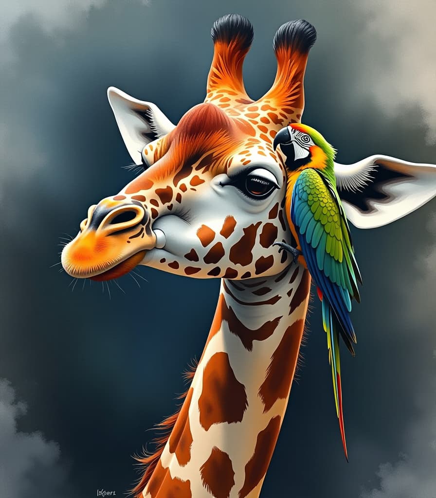  masterpiece. painting. a giraffe with a parrot sitting on it:1.5). intense close up. high detailing of strokes, clarity. watercolor style of sergei andreeyaki. on paper torsion. leaks, spots.:1.5). hyperrealistic, full body, detailed clothing, highly detailed, cinematic lighting, stunningly beautiful, intricate, sharp focus, f/1. 8, 85mm, (centered image composition), (professionally color graded), ((bright soft diffused light)), volumetric fog, trending on instagram, trending on tumblr, HDR 4K, 8K